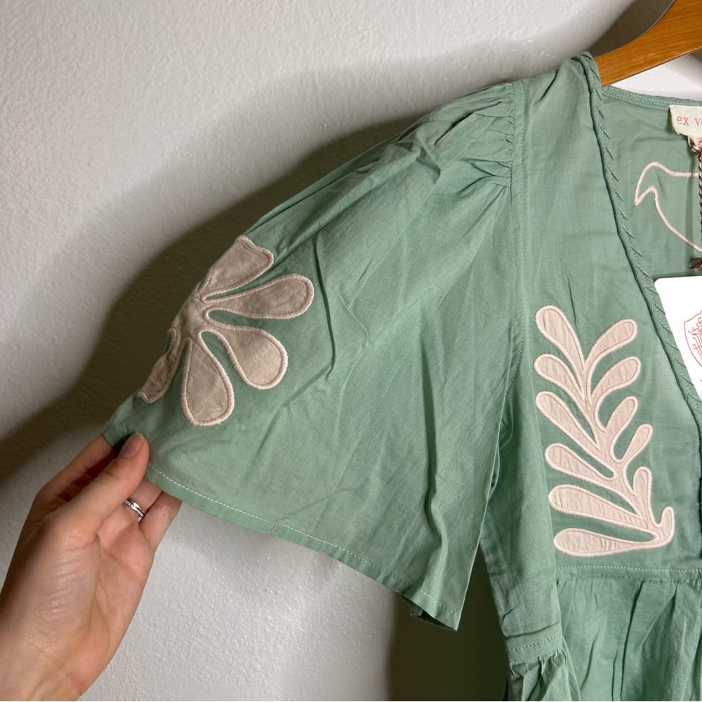 NWT Ex Voto 100% Cotton Chloe Short Sleeve Blouse in Green - Picture 5 of 16